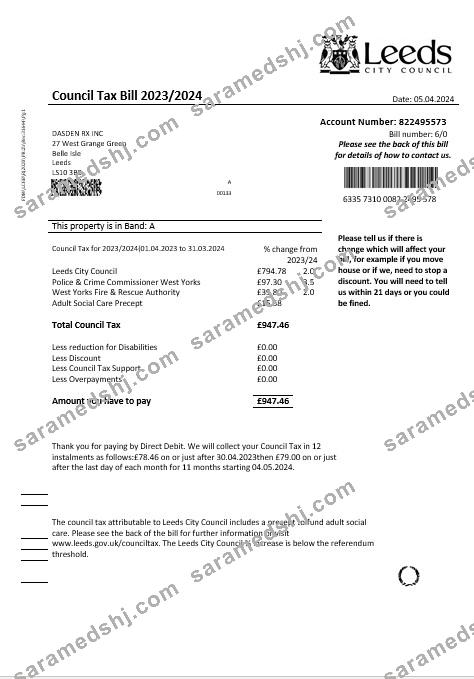 United Kingdom Leeds City Council tax business utility bill template in Word and PDF formats